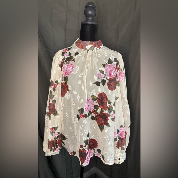 SHEIN | Tops | Shein Floral Lace Trim Blouse Red And Pink Roses | Poshmark